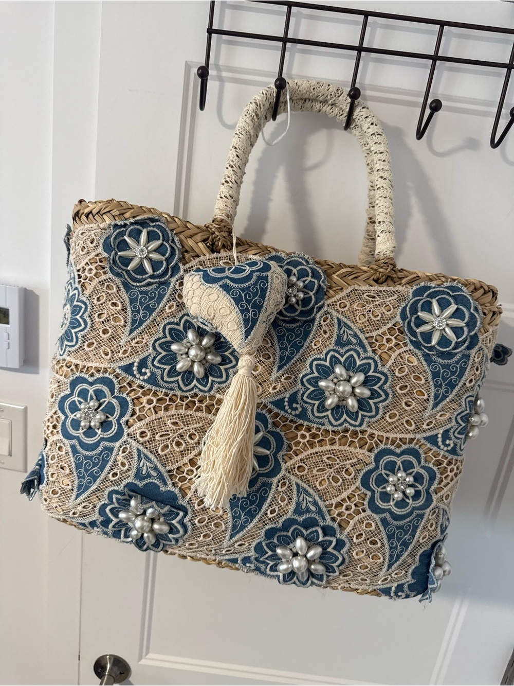 Woven Straw Tote Big Bag with Blue Floral Embroidery